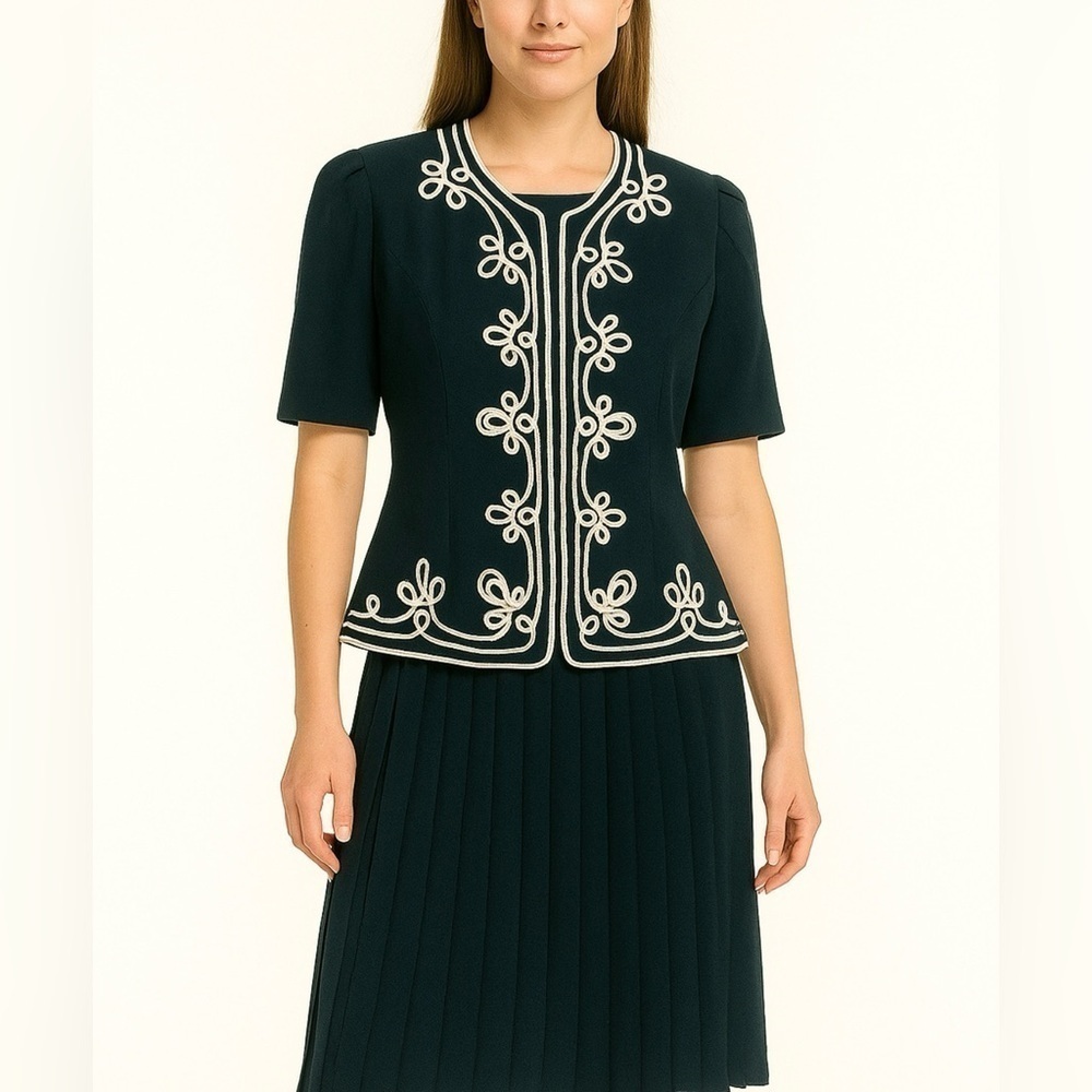 VINTAGE KARIN STEVENS Navy embroidered crochet midi dress pleaded women’s 6P